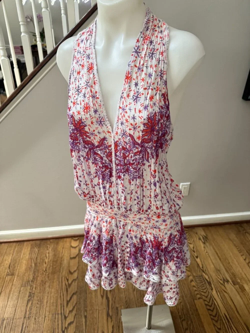 Poupette St. Barth Jolie Tiered Mini Dress White Purple Pink Floral Medium